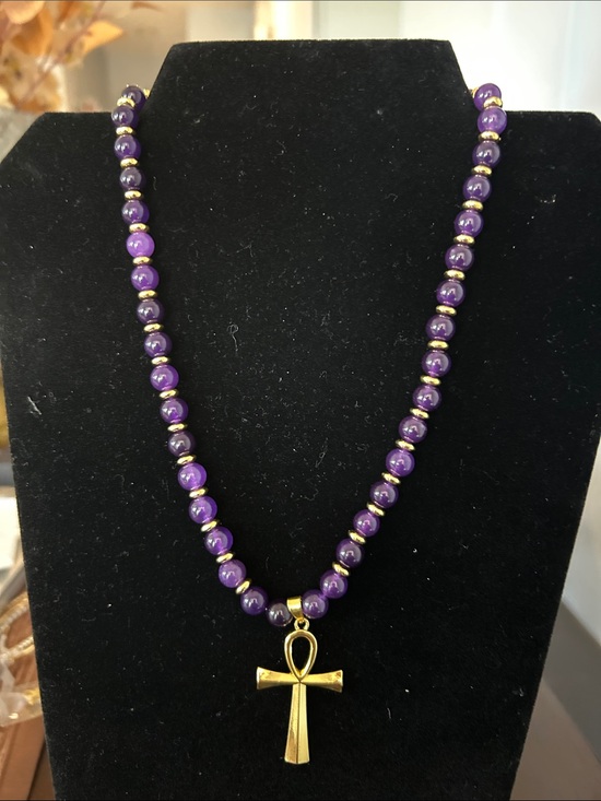 Jewelry - Purple amethyst Beaded Necklace with Gold plated Ankh Pendant.